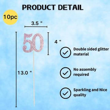10-Pack Double Sided Glitter 50Th Birthday Centerpiece Anniversary Centerpiece Sticks, Number 50 Table Topper Cake Topper For 50