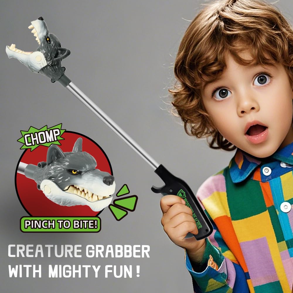 DINOBROS 16'' Wolf Grabber Toy - Interactive Pick-Up Tool for Kids | Animal Robot Hand Reacher Toys | Realistic Wolf Chomper for
