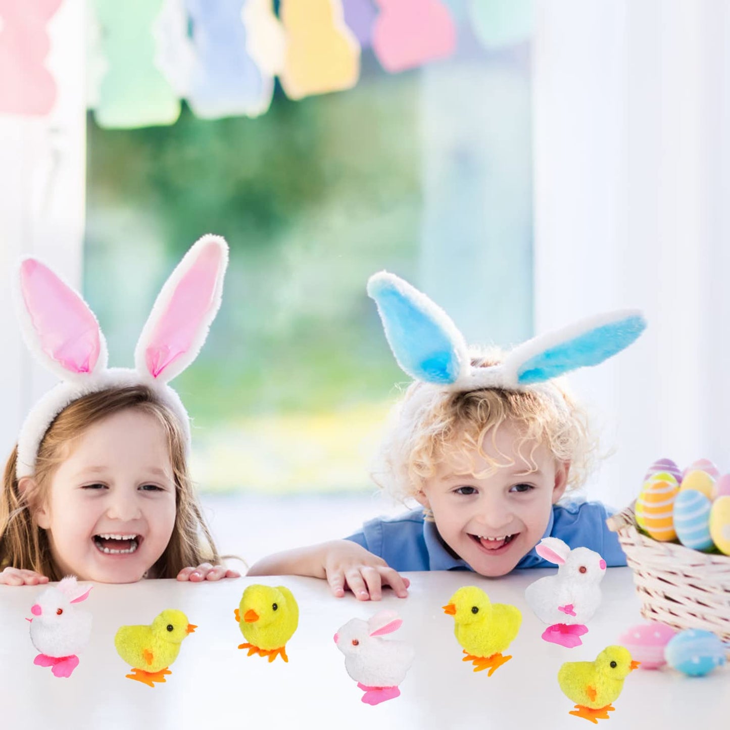 FOIMAS Easter Wind Up Toys,12 Pack Plush Bunny Chick Jumping Toy for Kids Easter Basket Stuffers Goodie Bag Filelr Party Favor S