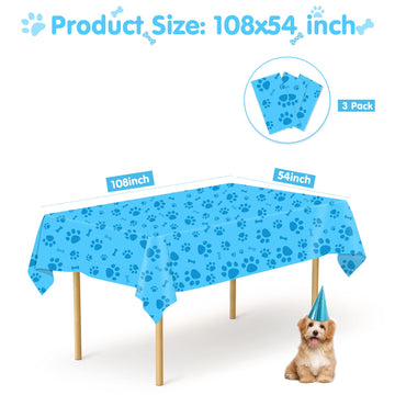 Paw Print Tablecloth, 3 Pack Large Size Plastic 54'X108' Dog Paw Print And Bone Sign Tablecloths, Cute Table Cover For Kids Boy Girl Dog Birthday Party Supplies- Blue