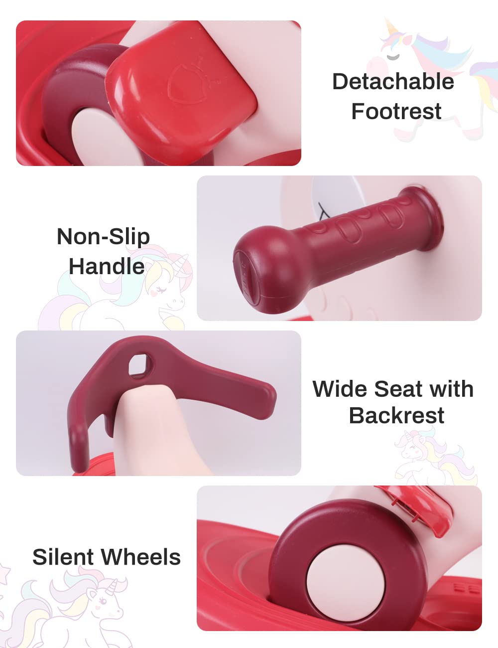 4 In 1 Rocking Horse For Toddlers 1-3 Years Old, Balance Bike Ride On Toys With Push Handle, Backrest And Balance Board For Baby Girl And Boy, Unicorn Kids Riding Birthday (Red)