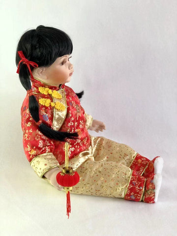 J.Misa Collection Porcelain Baby Chinese Girl Sitting Doll - Medium Red JMISA