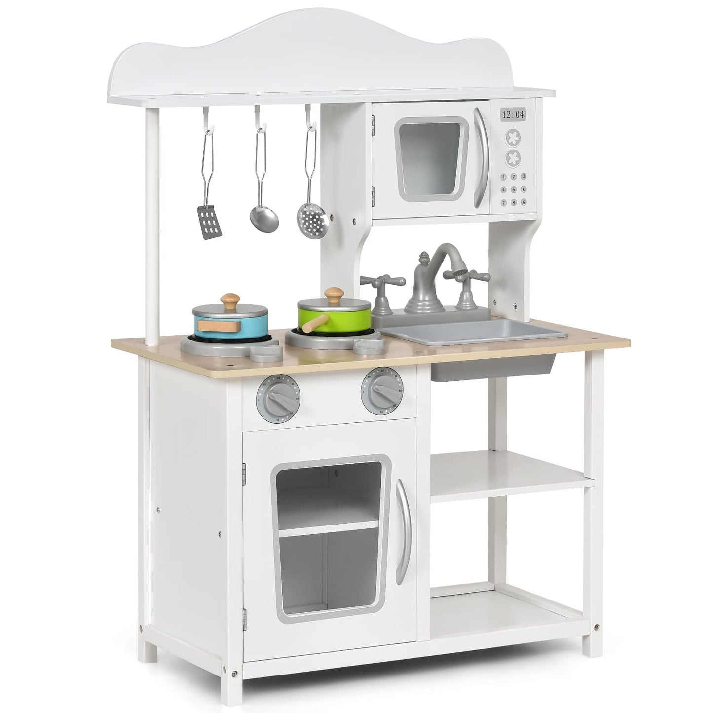 Costzon Kids Kitchen Playset, Wooden Pretend Toy Kitchen Set with Sink, Oven, Microwave, Stove, Pots, Utensils, Play Kitchen for