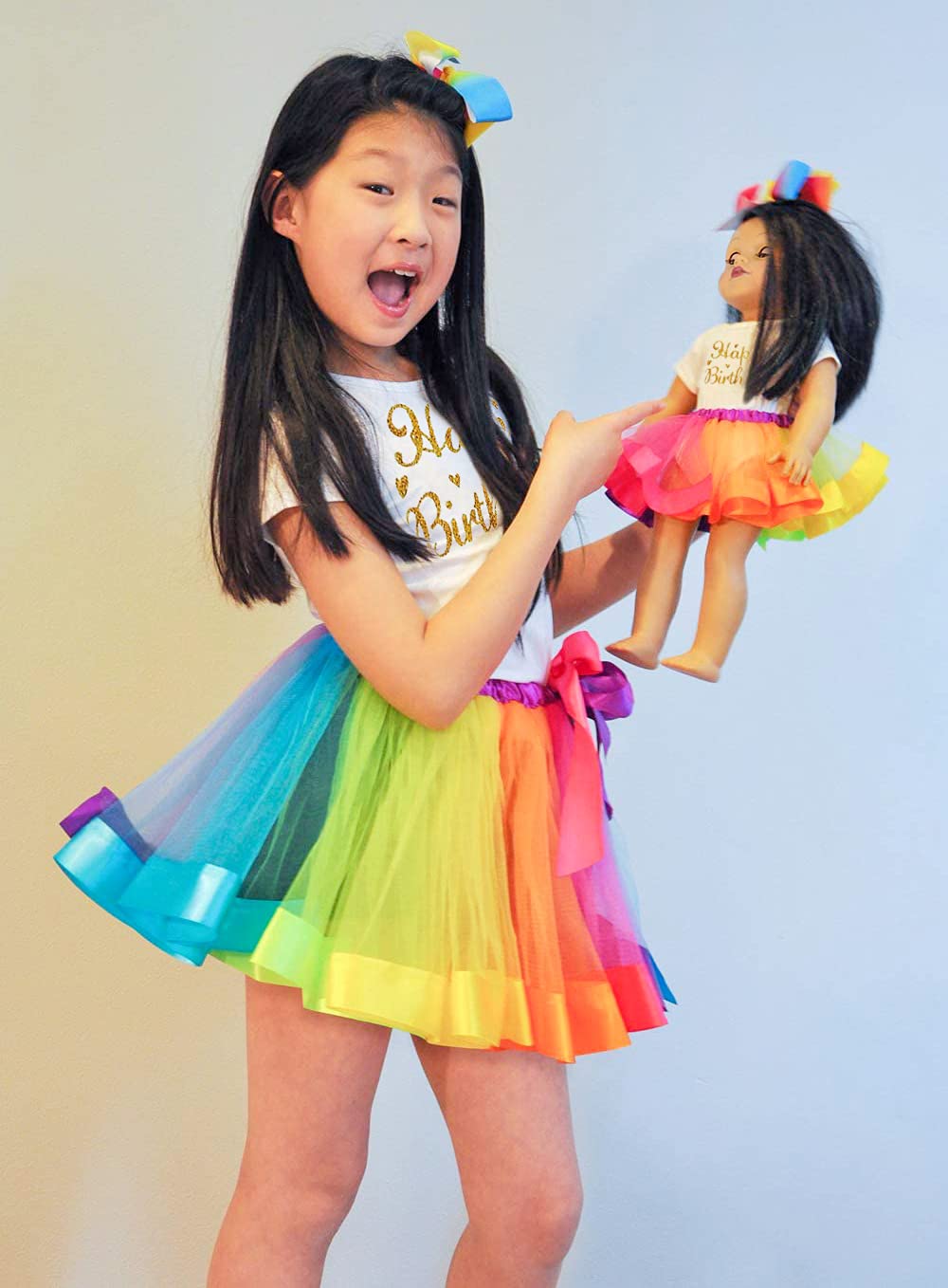 Zita Element Rainbow Clothes And Hair Accessories For American 18 Inch Girl Doll Matching Girls Outfits - 2 Cotton Shirts, 2 Rainbow Tutu Skirts And 2 Bow Hair Clips For Kid Girl Birthday Gift.