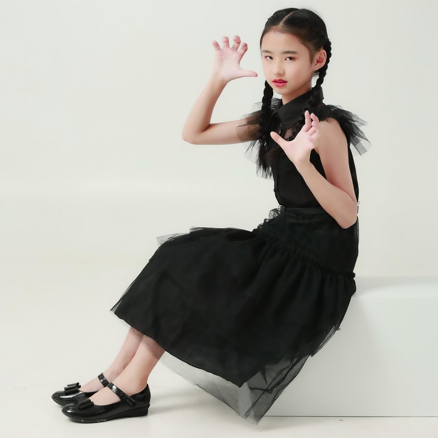 Lauphie Black Wednesday Addams Costume Dress For Girls Halloween Costumes Cosplay Party Dress With Accessories 4-12Y
