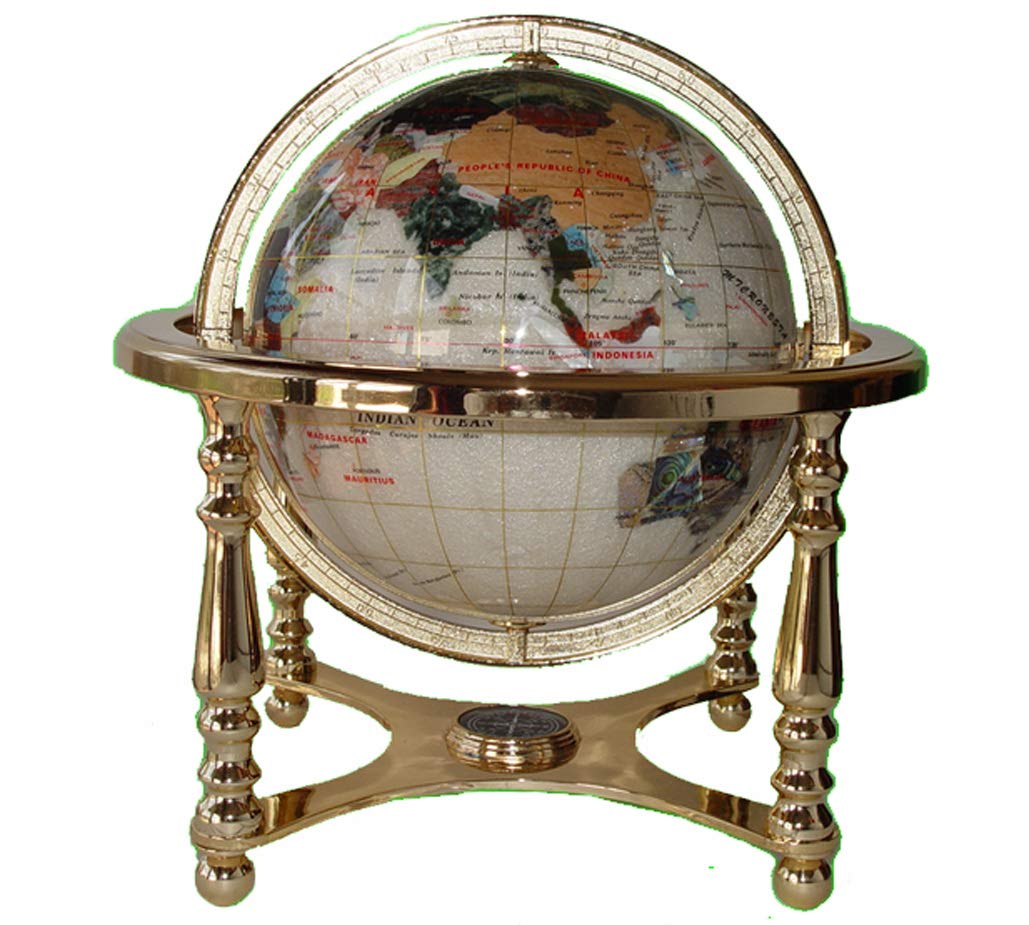 Unique Art 13' Tall 9' Diameter Pearl White Ocean Desktop 4-Leg Gold Stand Gemstone Globe