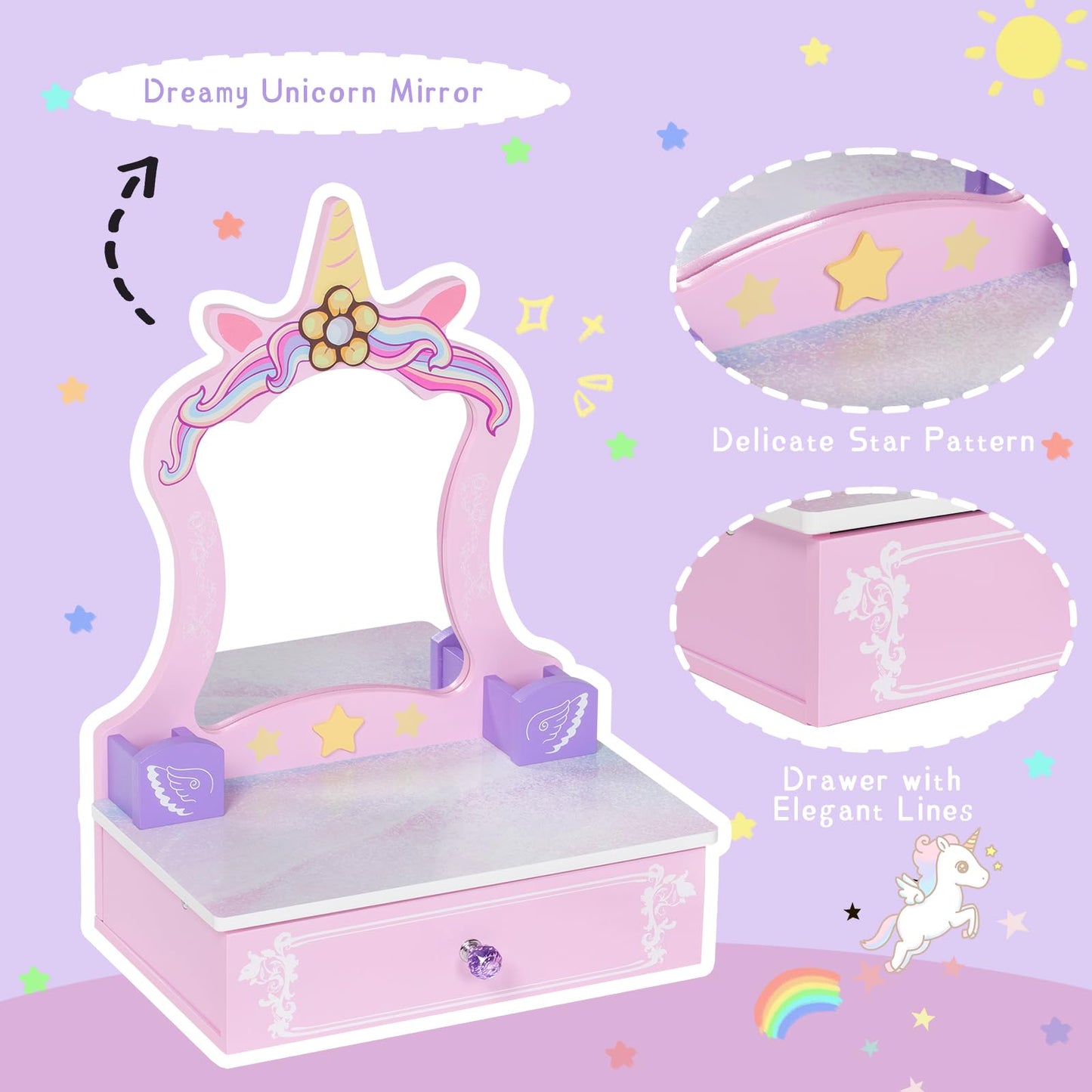 Brinjoy Wooden Vanity Set For Kids, Toddler Tabletop Beauty Salon Play Set W/Accessories & Drawer, Princess Makeup Pretend Play