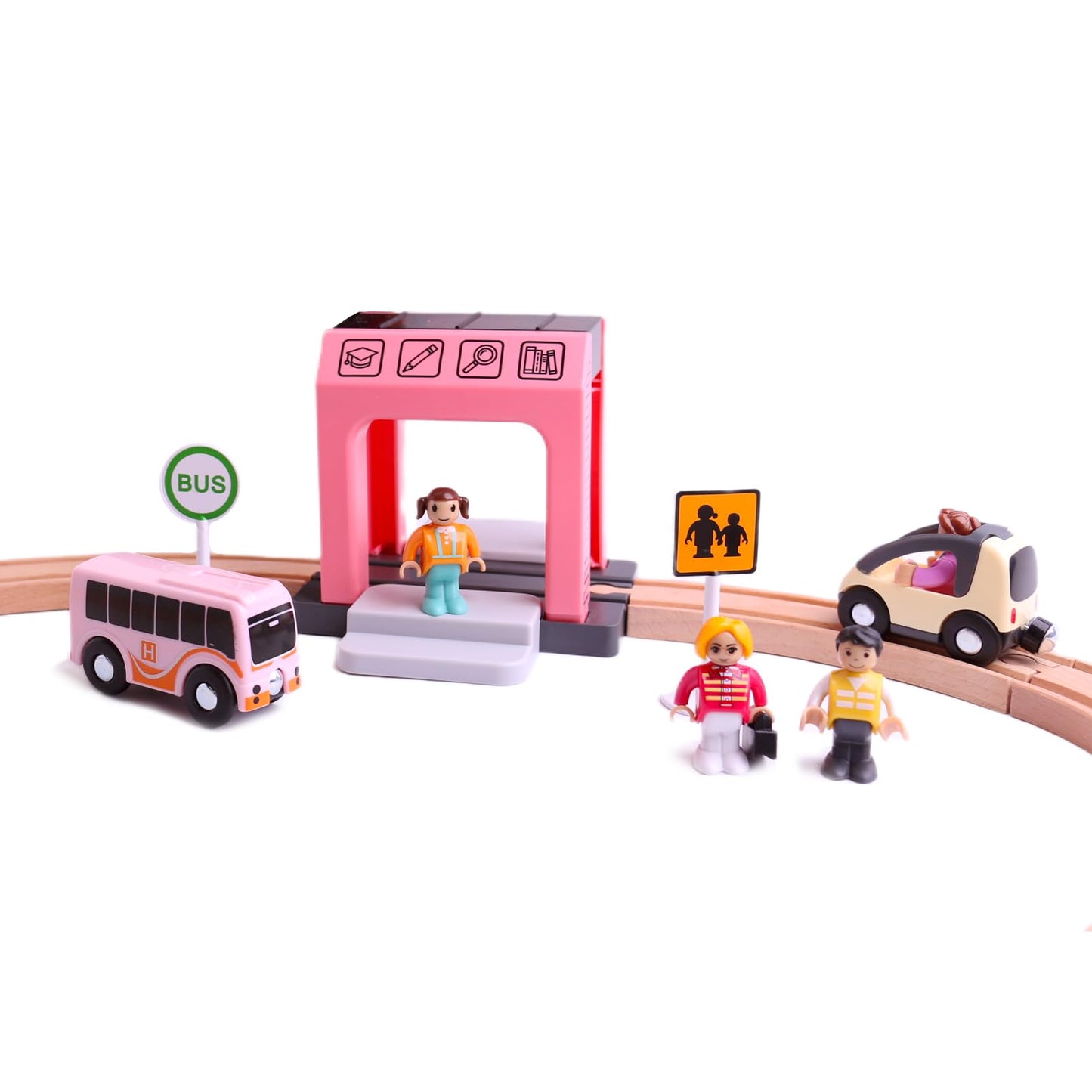 Hanqiann School Bus Station Toy For Wooden Train Track, Diy Extend Station Playset For Railroad Train Track,Preschool Learning E