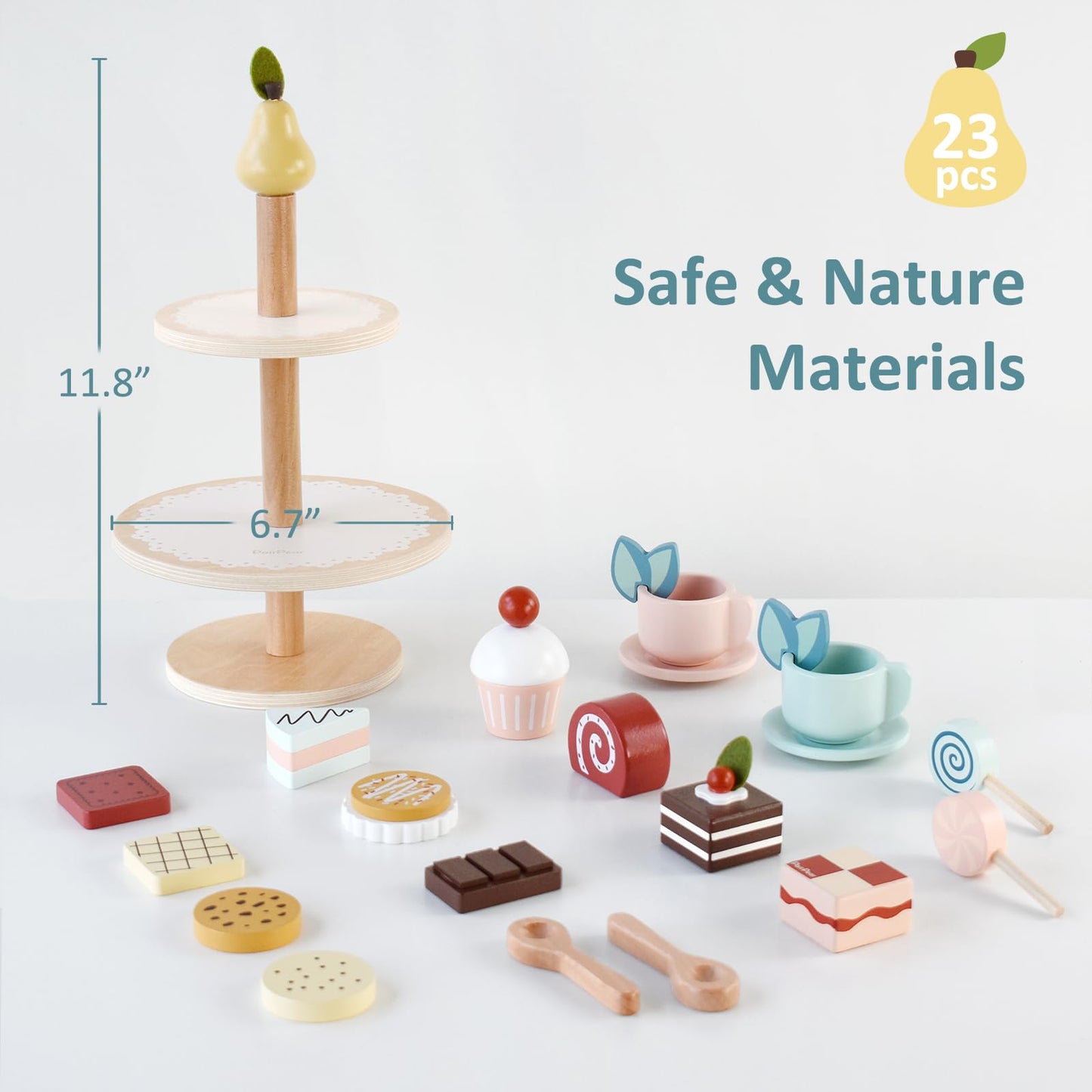PairPear Tea Party Set Dessert Stand Playset -Wooden Toys Pretend Play Food Kitchen Accessories for Toddler Tea Set Birthday Gif