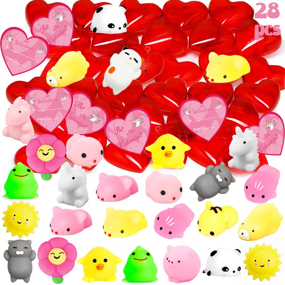 Umeelr 28 Packs Valentine Squishies Mochi In Hearts With Cards, Cute Mochi Squeezes Valentines Day Gifts Squishies Toys For Kids Classroom Exchange Prize Supplies