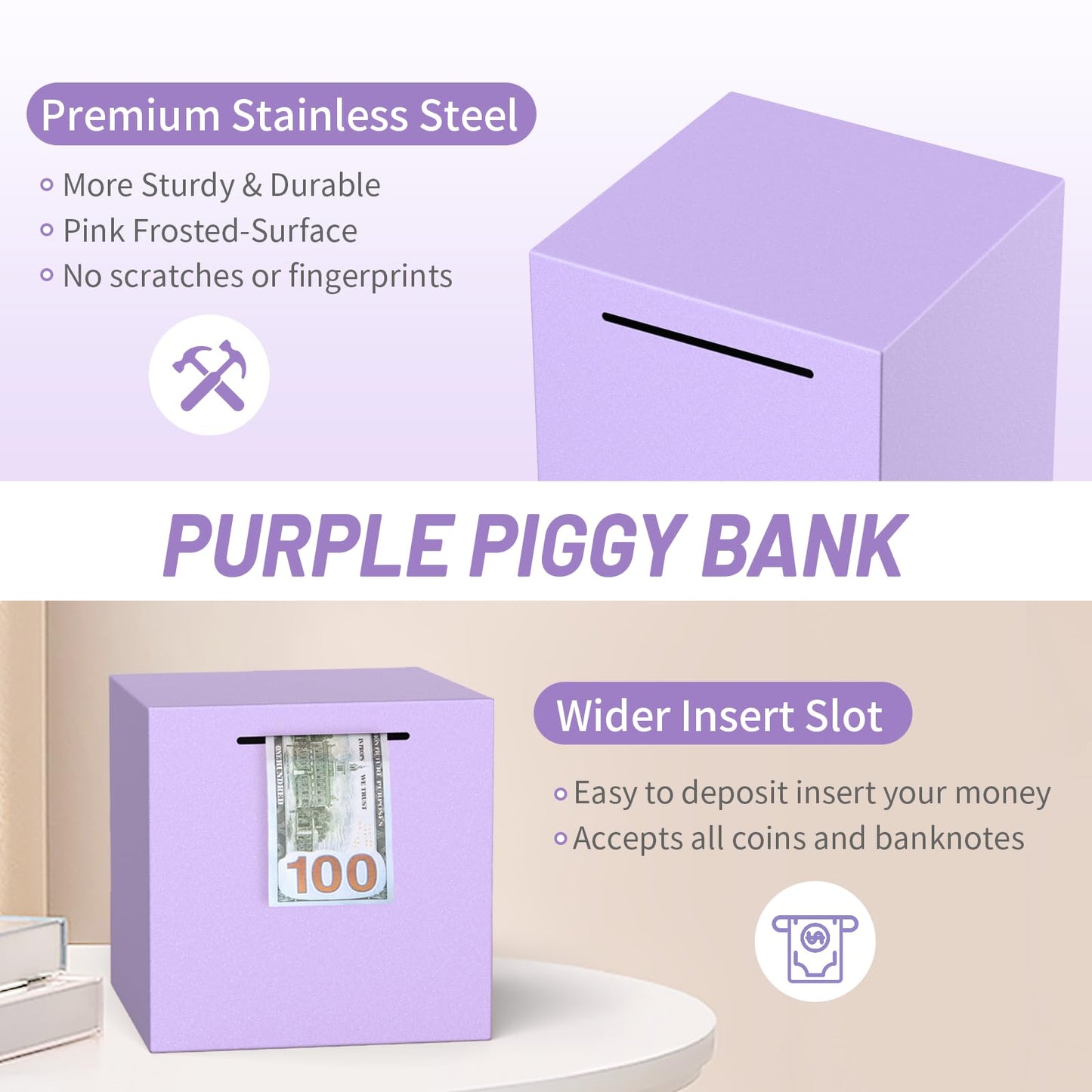Adults Piggy Bank Must Break To Open, Unbreakable Stainless Steel Piggy Bank For Adults, Metal Savings Box For Cash Saving (Purp