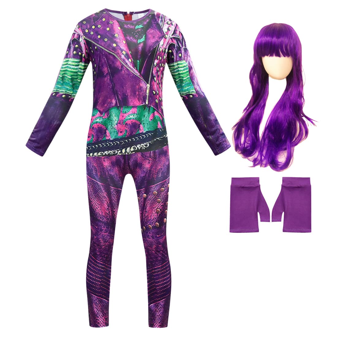 Amzapparel Descendants Mal Costume Girls Popular Musical Cosplay Clothes With Wig Kids Long Sleeve Jumpsuit Halloween Party Outf