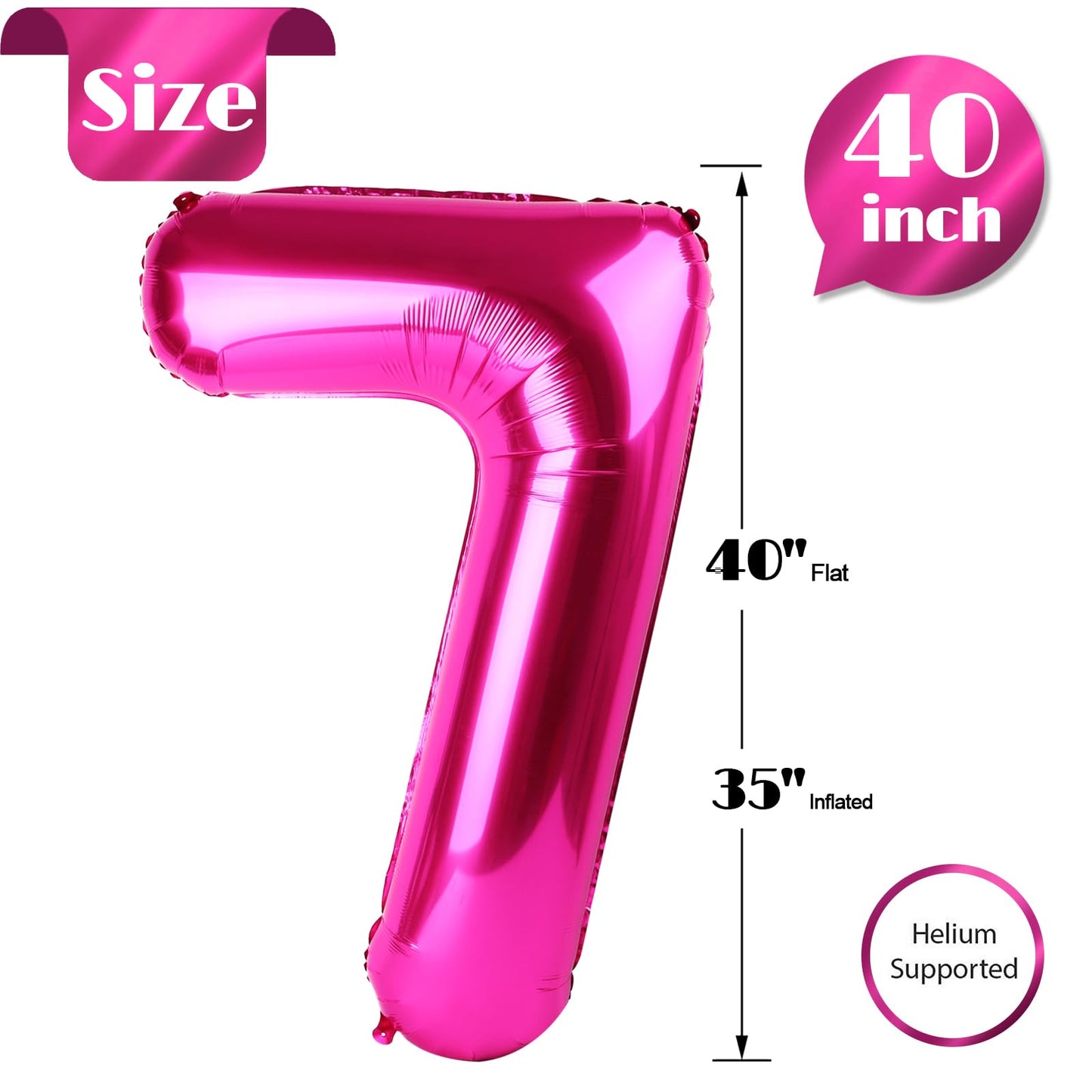 Hot Pink Number 7 Balloon 40 Inch, 7 Balloon Number, 7Th Birthday Decorations, Hot Pink Party Supplies For Boys Girls