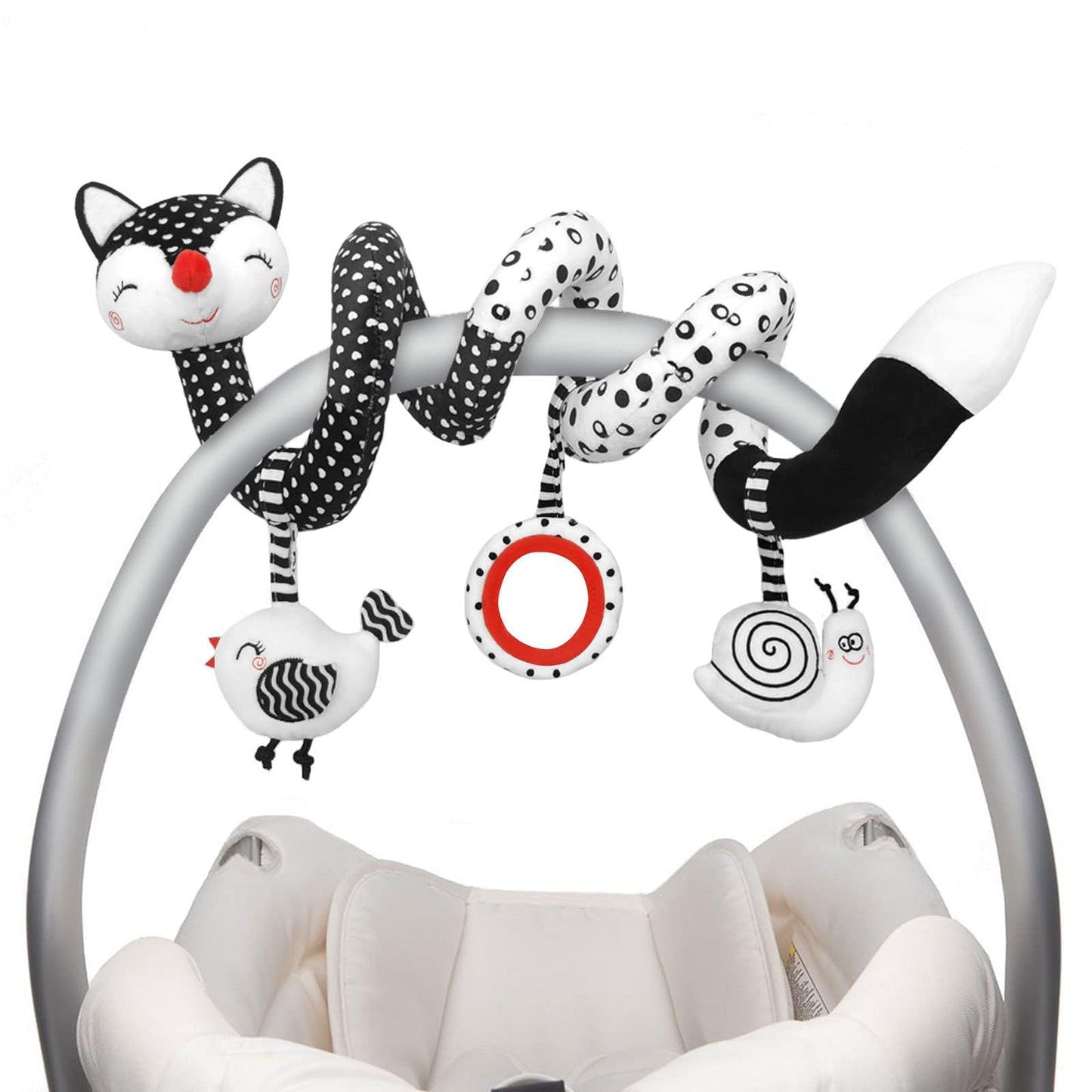 Euyecety Baby Spiral Plush Toys, Black White Stroller Toy Stretch & Spiral Activity Toy Car Seat Toys, Hanging Rattle Toys For Crib Mobile, Newborn Sensory Toy Best Gift For 0 3 6 9 12 Months Baby-Fox