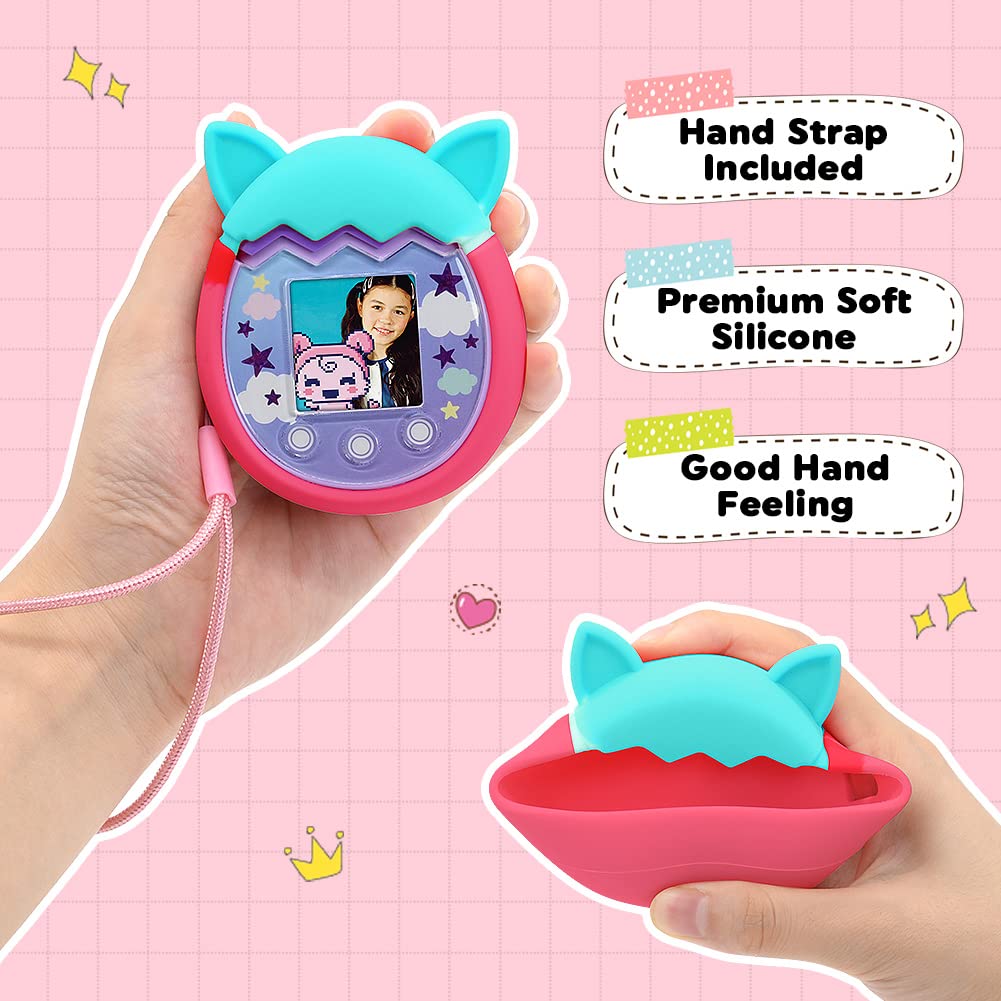 Winceed Silicone Case For Tamagotchi Pix Virtual Pet Game Machine, Protective Cover For Tamagotchi Pix Sleeve Protector Skin With Hand Strap (Turquoise+Pink)