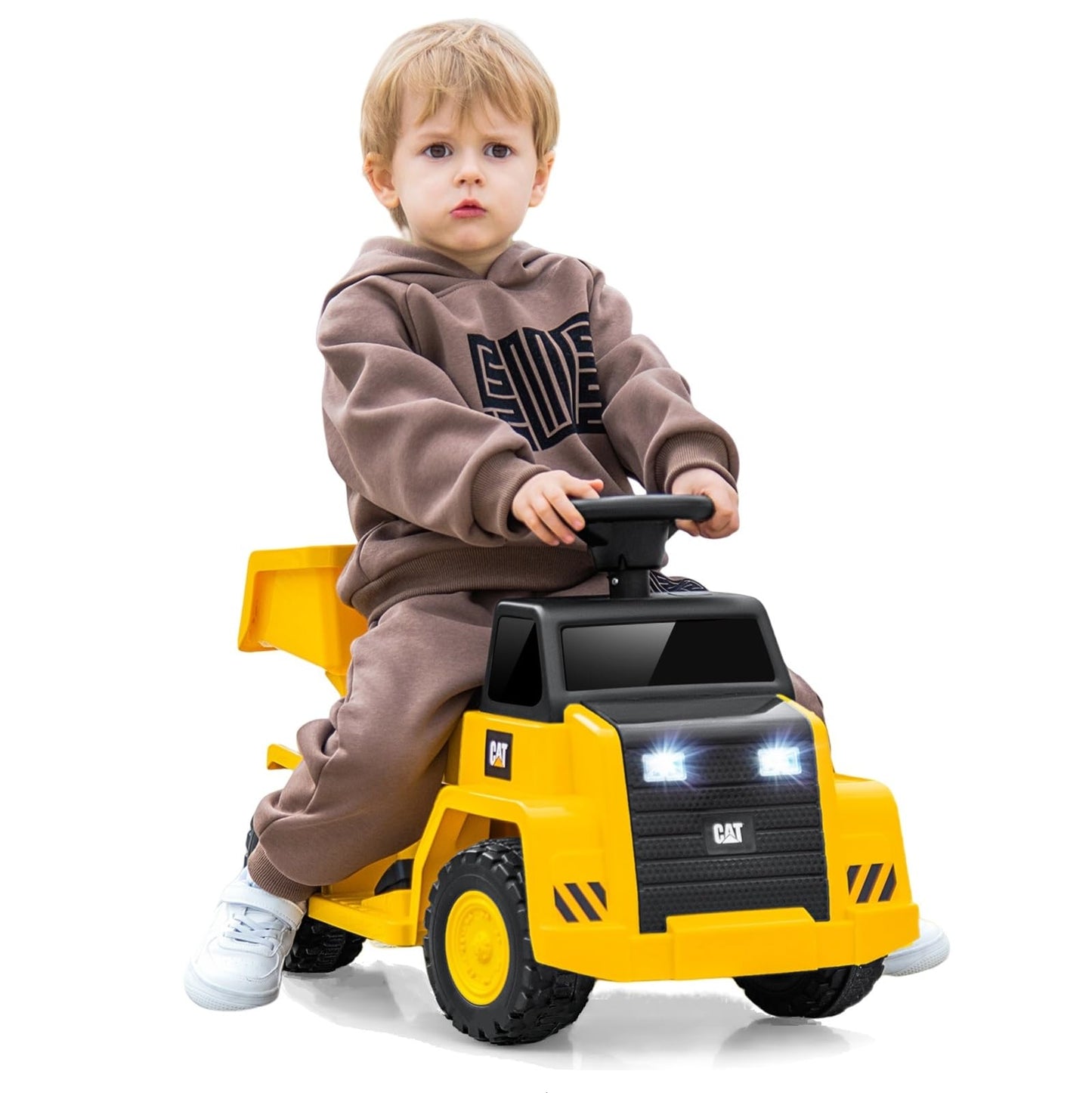 Licensed Caterpillar Ride on Dump Truck by OLAKIDS, 6V Cat Construction Car Electric Vehicle with Adjustable Dump Bed, Horn, Hea