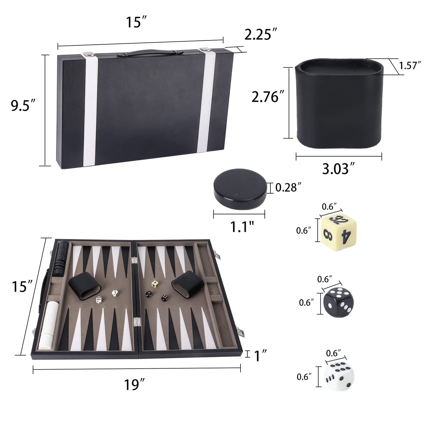 GSE Games & Sports Expert enhanced Leather Backgn Board Game Set Classic Backgn Game Set with Leather Case Travel Folding Board Game (Black&Grey Medium)