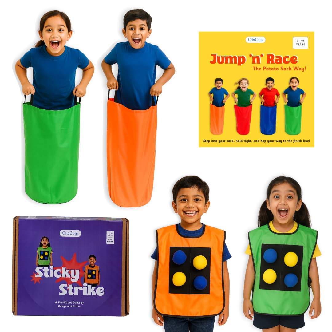 Criocogs 2 Jump N Race Potato Jump Sacks, 1 Sticky Strike Throw And Dodge Game For Kids- Orange & Green (Combo Pack)- 3+ Years