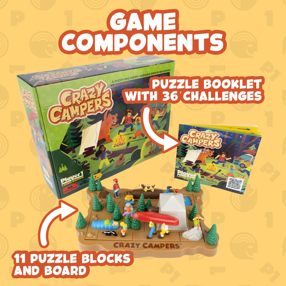 Project Genius Crazy Campers Logic Puzzle Game - 36 Challenges, Travel-Friendly, Multicolor, Ages 8+, Model PPT004