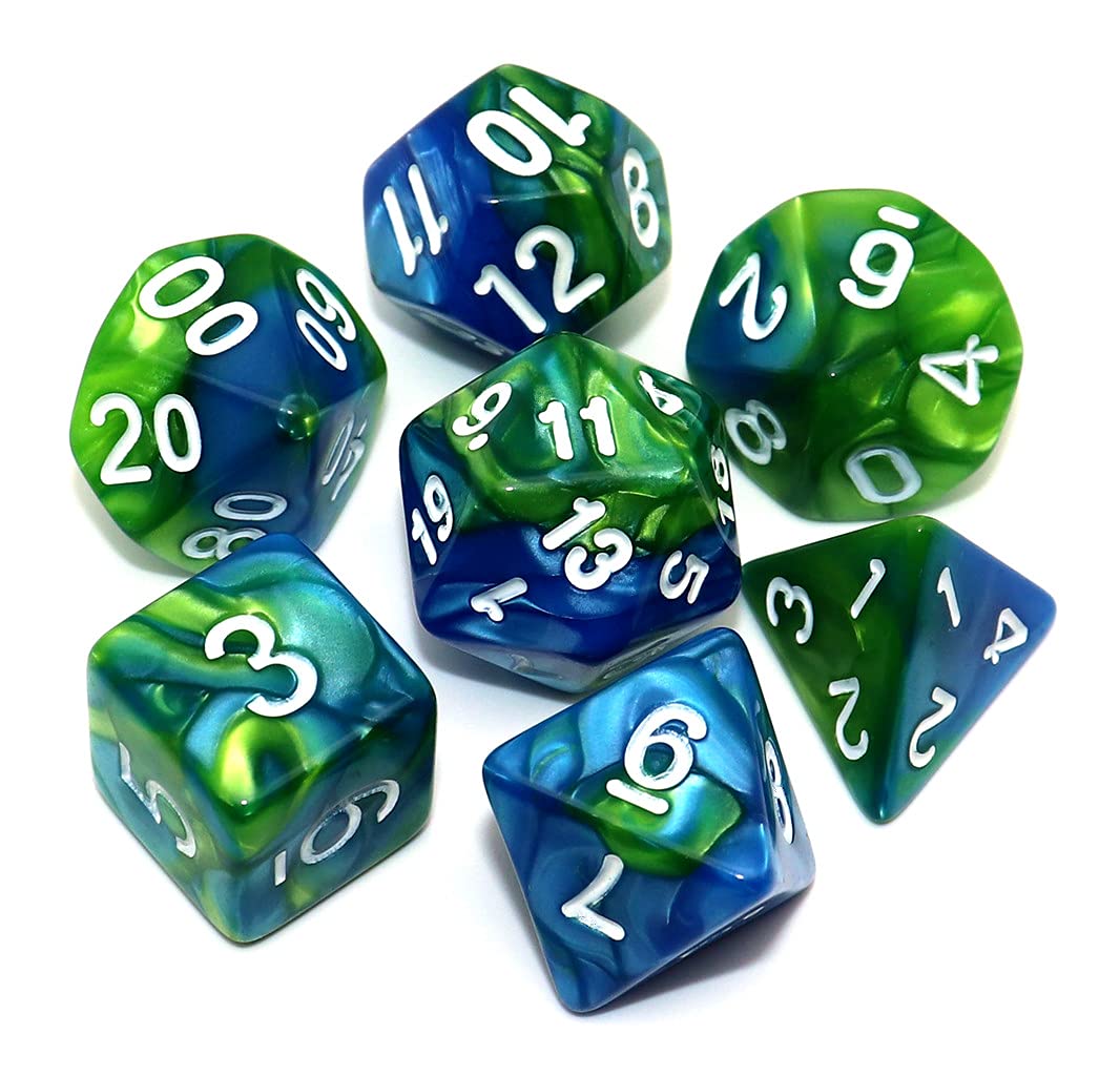 CREEBUY Blue Mix Green DND Dice Set for Dungeon and Dragons D&D Pathfinder Role Playing Game RPG Polyhedral Dice with Dice Bag