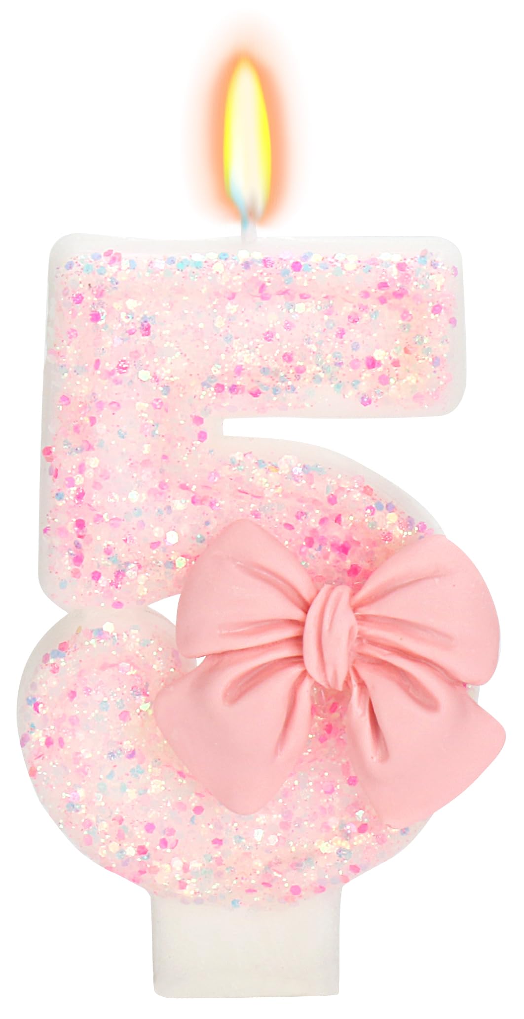 ElekFX Birthday Candle for Cake, 5 Candle - Pink Glitter with Bowknot, 2.76 inch Happy Birthday Candle, Cake Topper Decoration f
