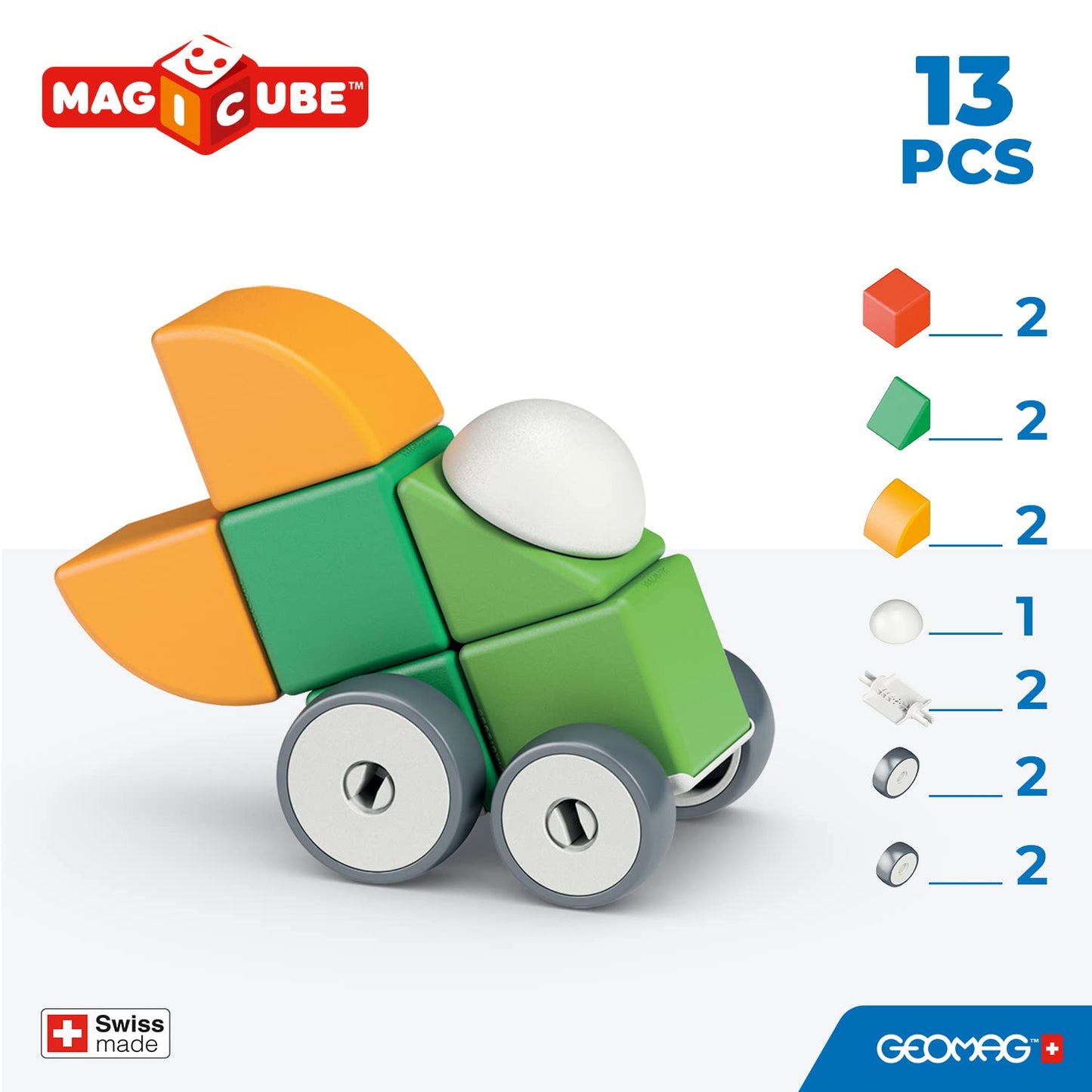 Geomag Swiss-Made Magicube 13-Piece Magnetic Shapes & Wheels Building Set, Cars & Characters, Stacking Blocks For Toddlers & Kid