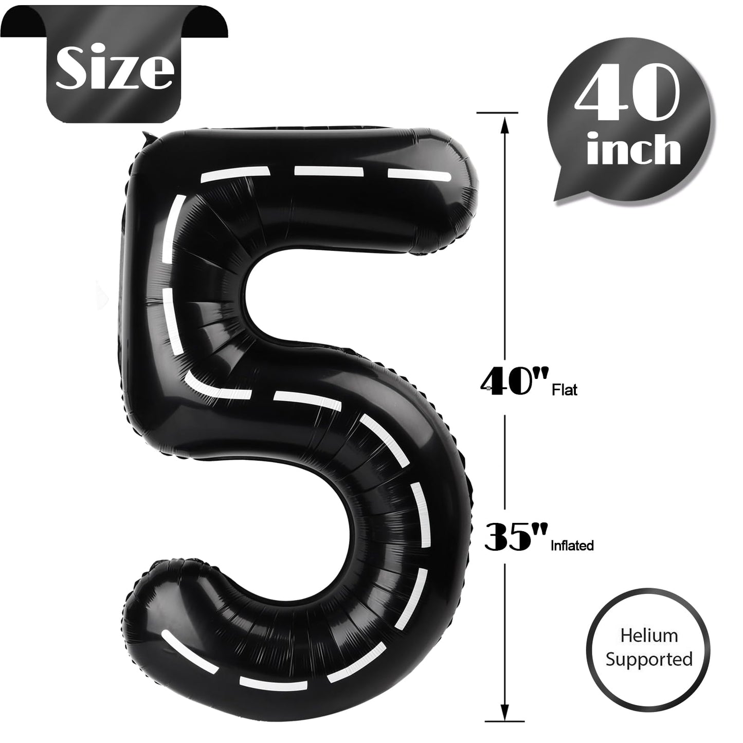 Race Car 5 Balloon, Number Balloons 40 Inch, 5Th Black Birthday Balloon Decorations, Race Car Birthday Party Supplies, 5 Number