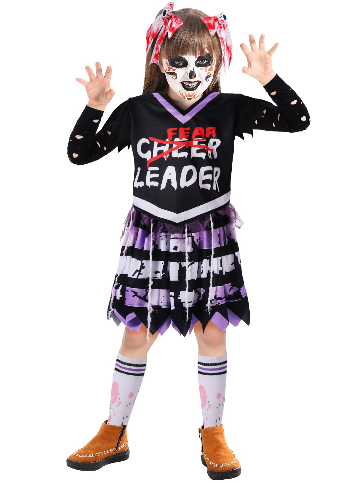 Zombie Cheerleader Halloween Costume For Girls, Bloody Scary Dead Cheerleader Costumes For Make Up Party For Kids Age 8-10, Disf