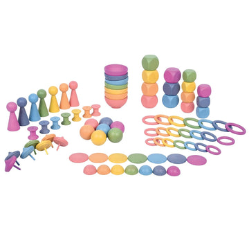 Tickit Rainbow Wooden Super Set - Set Of 84 - 12 Different Shapes In 7 Colors - Loose Parts Play Set For Babies And Toddlers 10M
