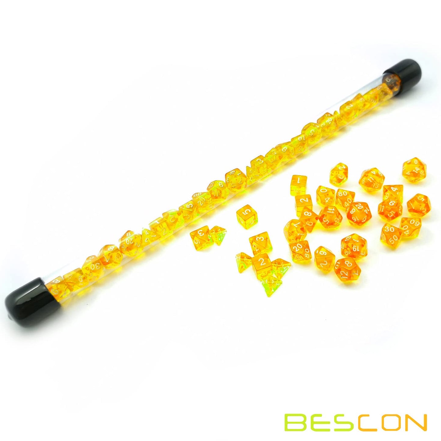 Bescon 28pcs Translucent Yellow Mini Polyhedral Dice Set in Tube, Dungeons and Dragons RPG Dice 4X7pcs,Mini Gem Yellow Dice Set