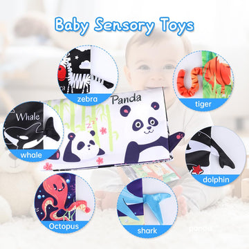 Baby Toys 0-6 Months - 15 Inch Tummy Time Toys With Soft Cloth Book & Teethers & Baby Mirror Toys, High Contrast Baby Toys For N