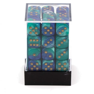 Chessex Dice d6 Sets: Gemini Blue / Teal with Gold - 12mm Six Sided Die (36) Block of Dice