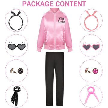 1950S Pink Satin Jacket Grease Costume Ladies Girls Halloween Costumes Kids 50S Cosplay With 10Pcs Accessories Polka Dot Neck Sc