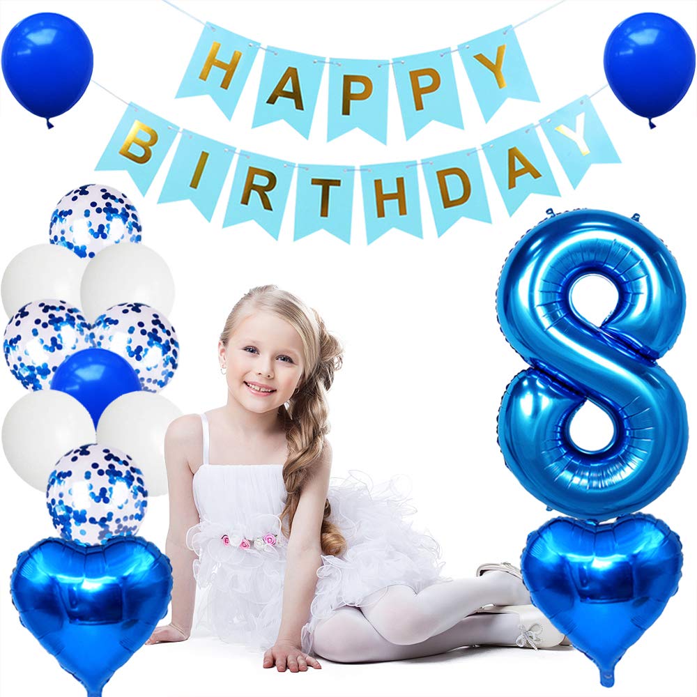 Huture 8 Birthday Party Supplies Blue Number 8 Foil Balloon Happy Birthday Banner Kit 8Th Birthday Decoration White Blue Latex C