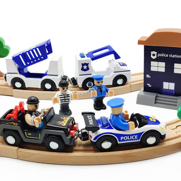 Wooden Train Cars Track Accessories Set Police Car With Light And Sound Small Vehicles Magnetic Train Cars Fit For Wooden Train