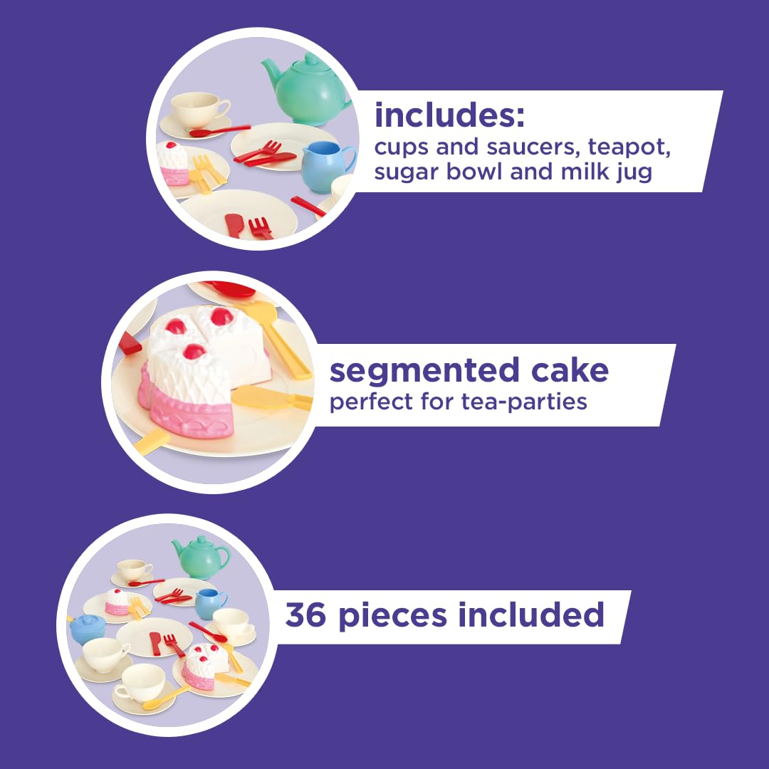 Casdon 36-Piece Tea Set - Colorful Toy Playset with Teapot, Milk Jug, Cups & Saucers, Cake, & More - Suitable for Preschool Toys