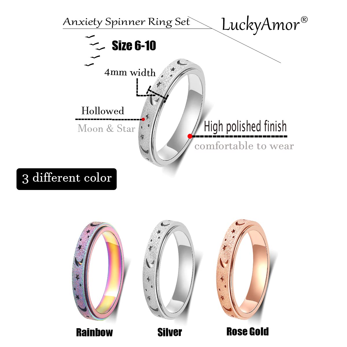 Luckyamor Fidget Anxiety Ring For Women-3Pcs 4Mm Rainbow Rose Gold Silver Moon Star Hollow Stainless Steel Spinner Rings For Anx