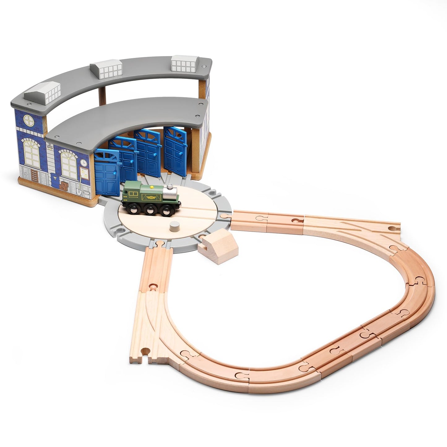 SainSmart Jr. Wooden Train Track with Roundhouse - Railway Toy for Toddlers, Double-Side Tracks Compatible with with All Major B