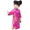Chinese Girls Dress Peony Rose Qipao Half Sleeve Cheongsam Wedding Dresses Princess Birthday Party Costume (Hot Pink,14)