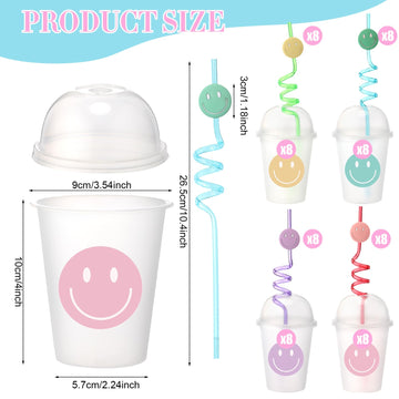 Yaomiao 32 Pack Smile Face Sipper Cups with Straws and Lids, 12 oz Clear Plastic Cups Happy Face Party Cups with Dome Lids Happy