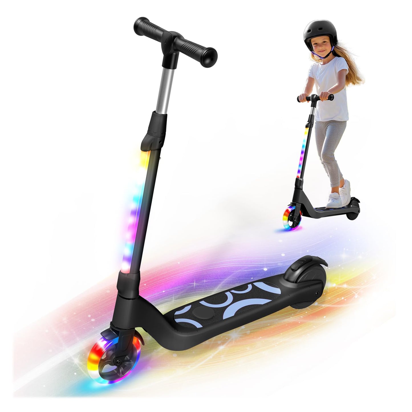 LIEAGLE Electric Scooter For Kids Age 6-12, 60W Motor, 5Miles Range, 6.2mph, 5.3'' Rubber Tires w/RGB Wheel Lights & 7-Color Hea