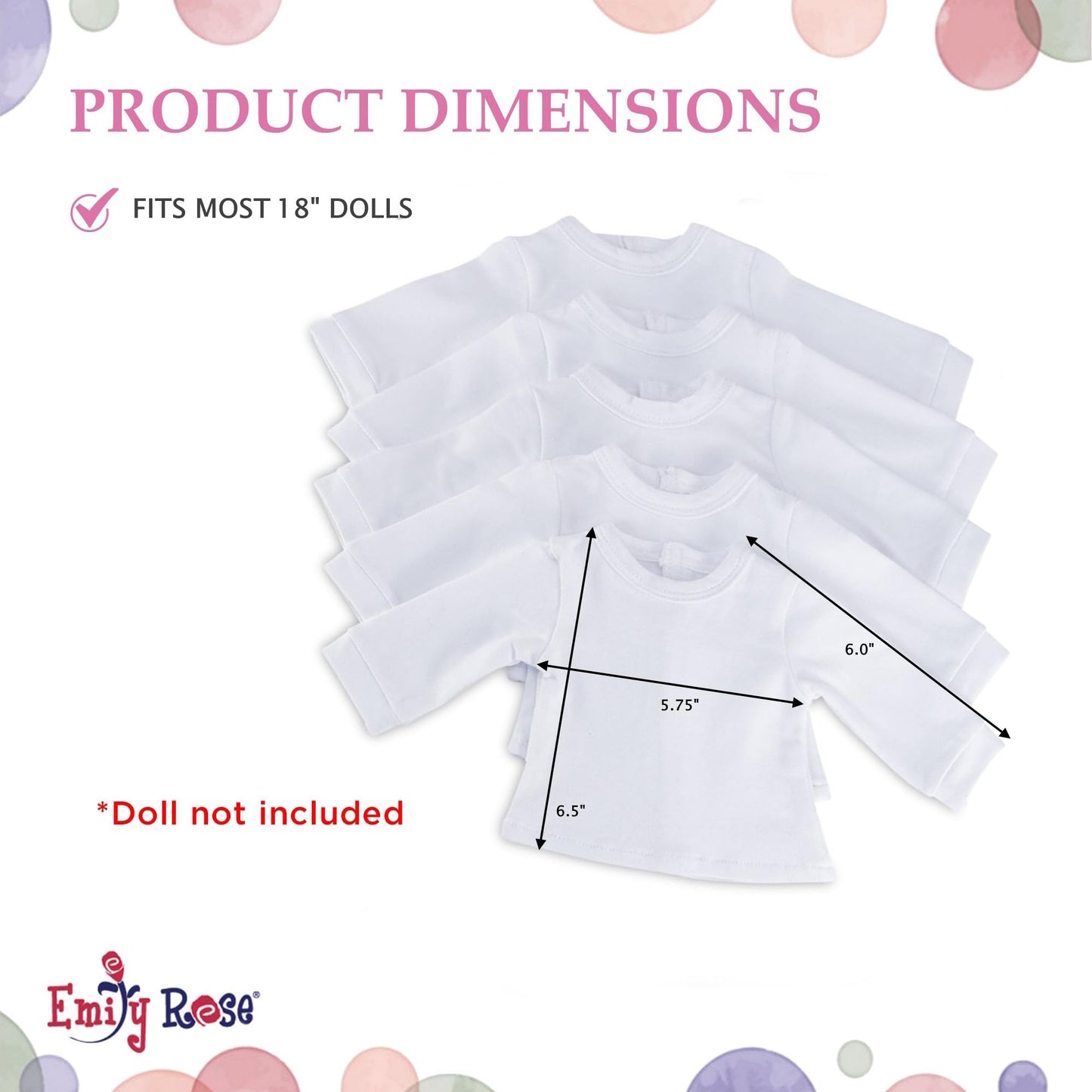 Emily Rose 18 Inch Doll Clothes Value Basics Bright White 5-Pack Long Sleeved T-Shirts Tee For Crafting Activity | Compatible Wi