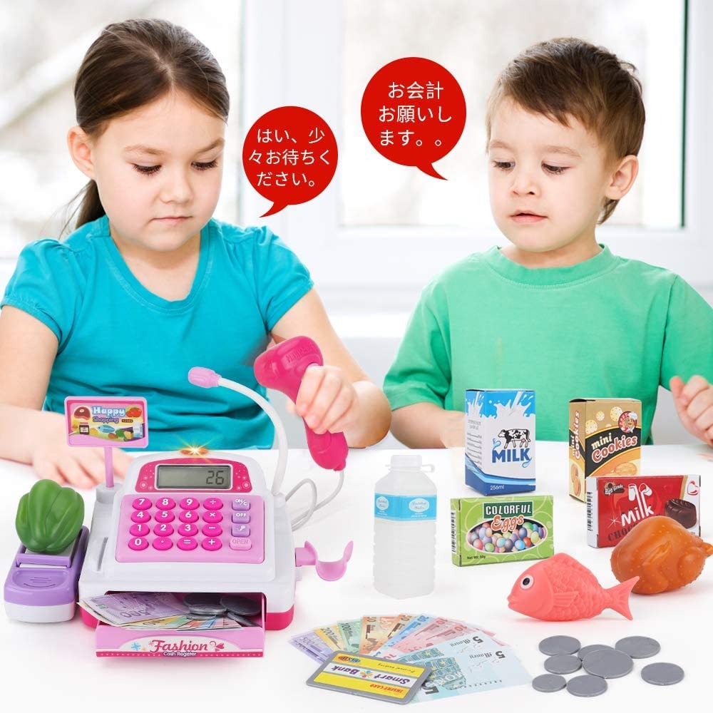 Sotodik Cash Register Pretend Play Supermarket Shop Toys with Calculator ,Working Scanner,Credit Card ,Play Food ,Money and More