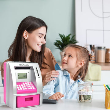 Toy Talking Atm Bank Atm Machine Savings Bank For Kids –Works A Real One- Deposit, Withdraw, Debit Card, Saving Target, Timer And Clock (Pink)