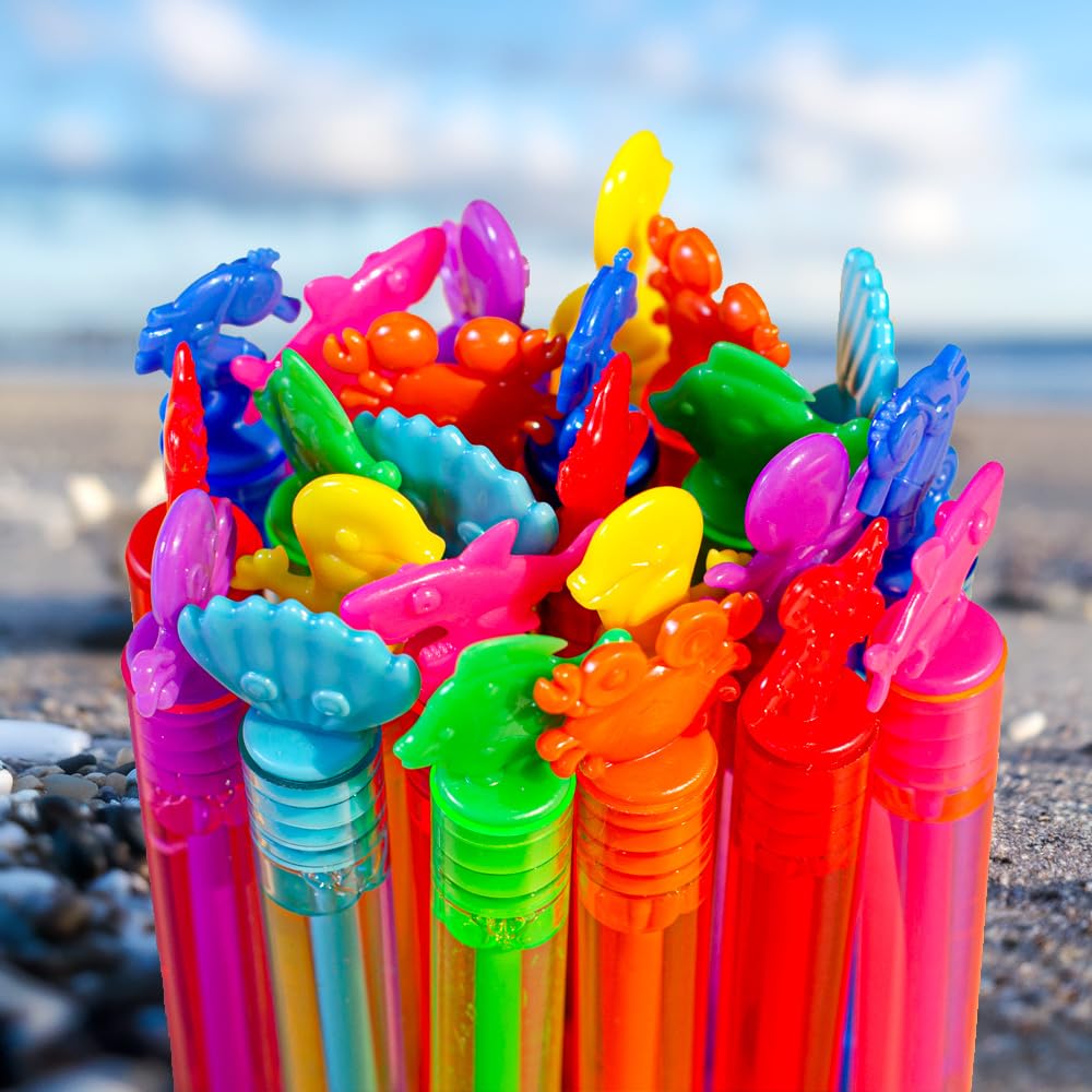 Vkten 24 Pack Bubble Party Favors For Kids, 8 Styles 8 Colors Ocean-Themed Mini Bubble Wands Birthday Summer Beach Pool Toys, Go