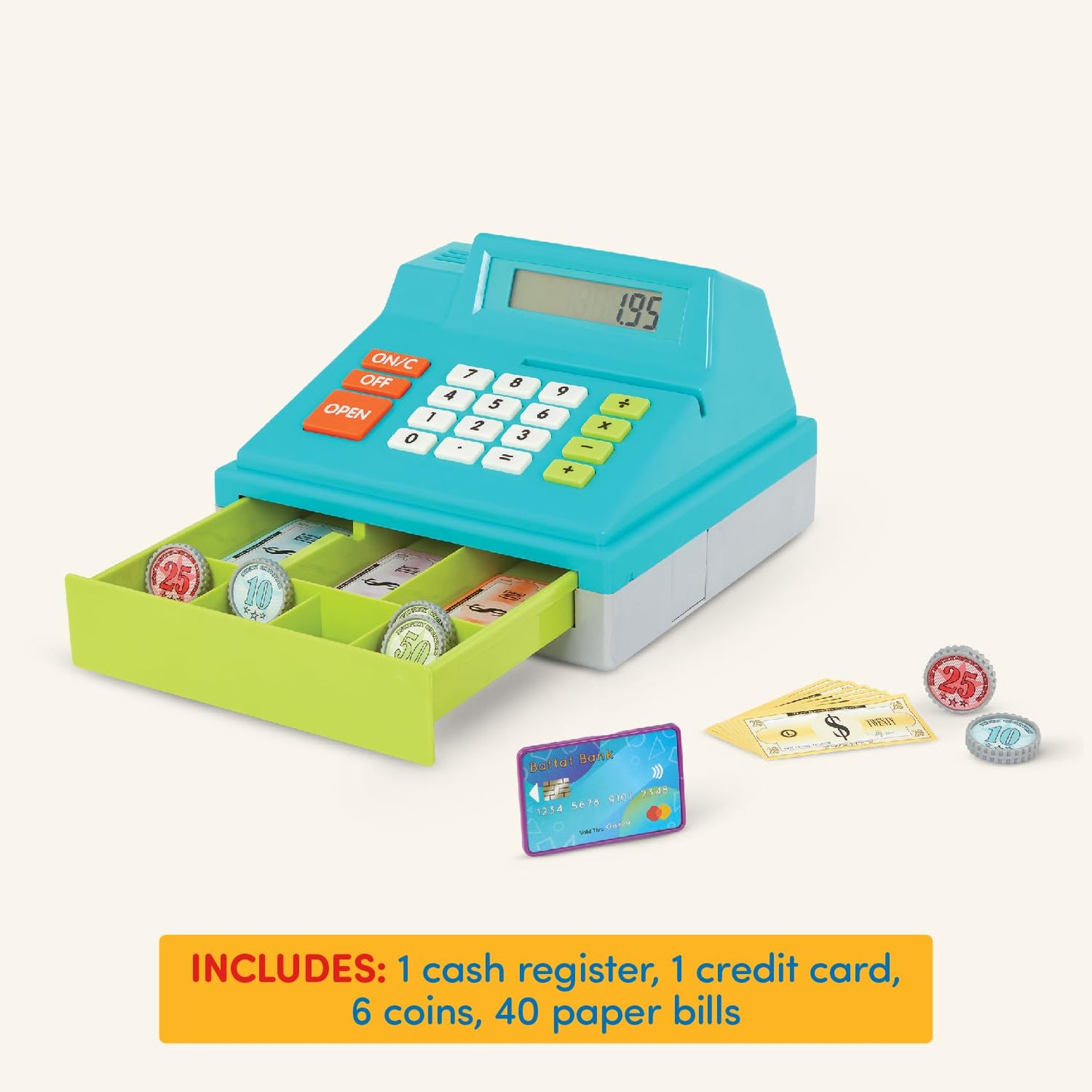 Battat - Toy Cash Register For Kids, Toddlers - 48Pc Play Register With Toy Money, Credit Card - Blue Calculating Cash Register