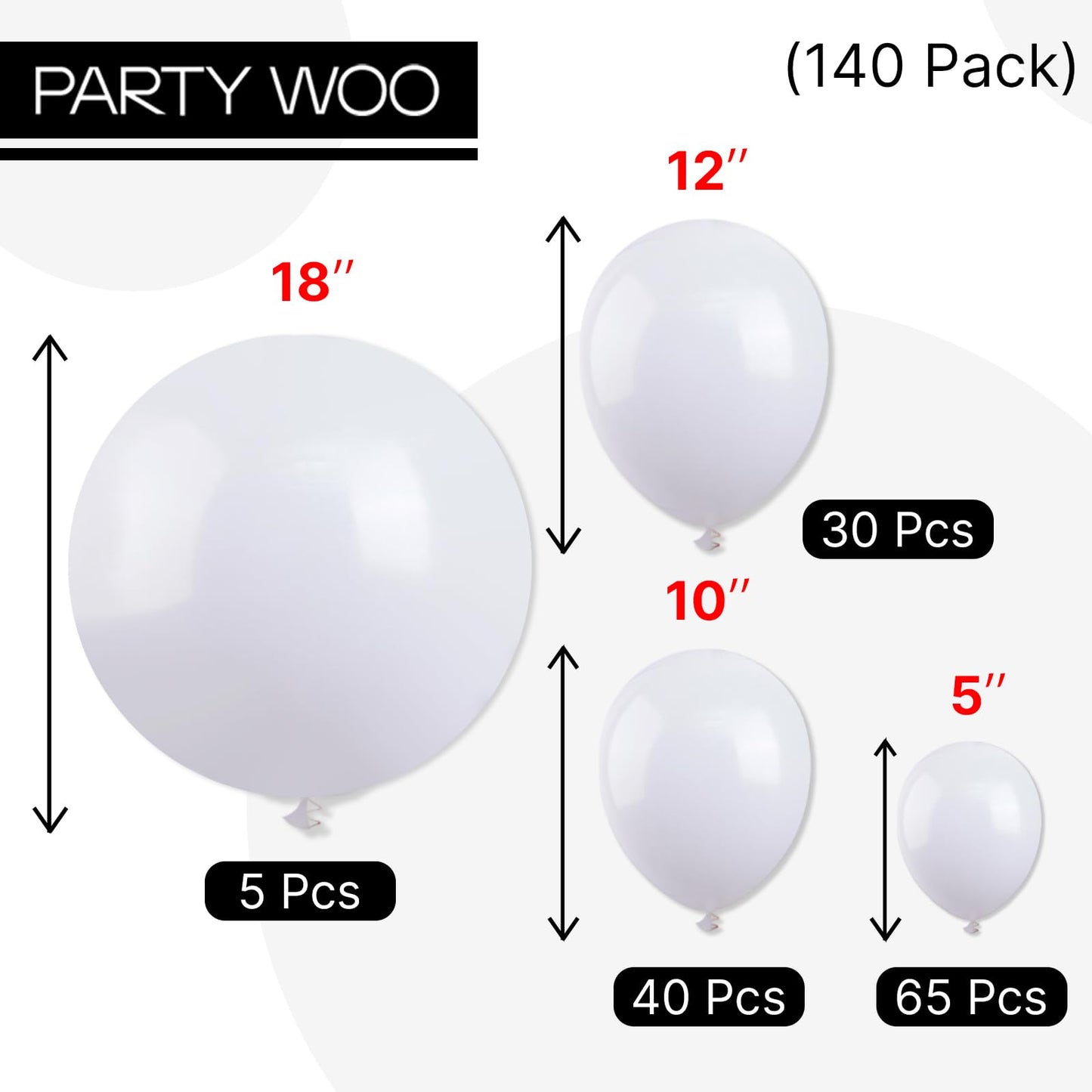 PartyWoo Balloons - 140 pcs Matte White Balloons, 5-18 Inch Sizes, Rubber, Perfect for Garland & Arch Decorations