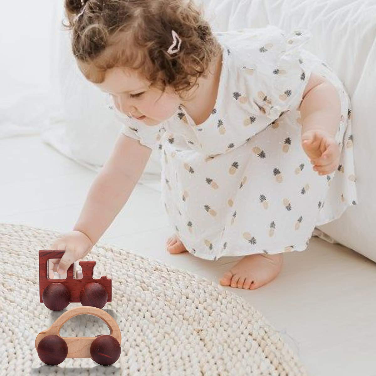 Promise Babe 2Pc Wooden Rattle Organic Wooden Cars Push Car Toys Montessori Educational Natural Wood Toys Inspired Baby Newborn