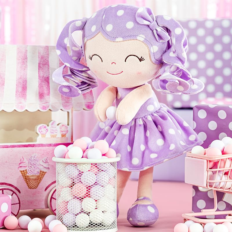 Gloveleya Doll Baby Dolls Plush Baby Doll My First Baby Doll Rag Doll Soft Doll Baby Girl Gifts Curly Hair Purple Pink Polka Dots Dress 12Inches
