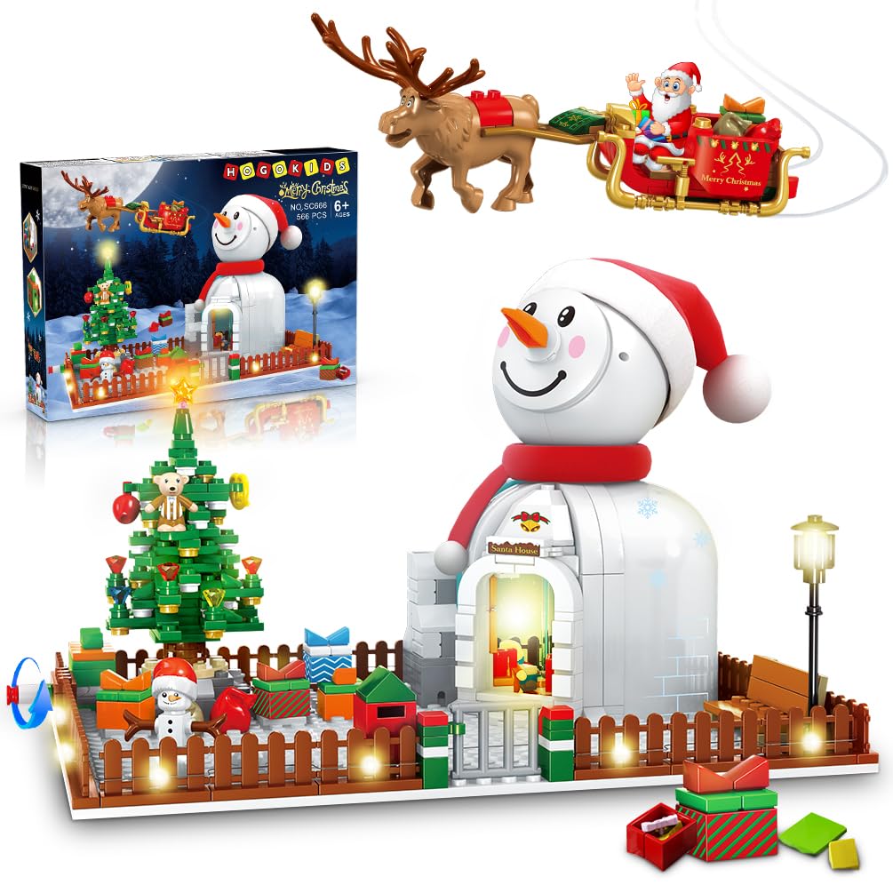 Hogokids Christmas Santa House Building Set With Led Light - 566 Pcs Wintertime Snowman Building Block Kit Xmas Tree Decors Birt